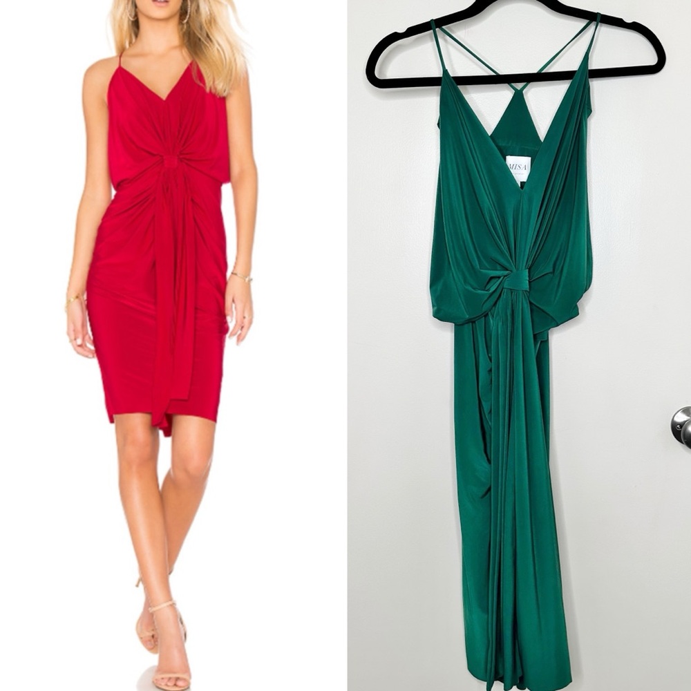 MISA Los Angeles Domino Knee Length Dress in Emerald Green